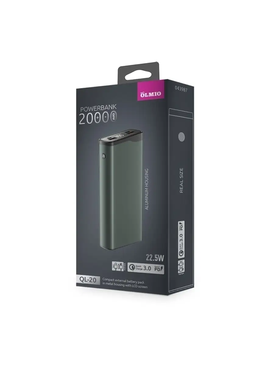 Внешний аккумулятор QL-20, power bank 20000, 20000mAh, 22.5W,  QuickCharge3.0/PowerDelivery, LCD OLMIO 50415428 купить в интернет-магазине  Wildberries