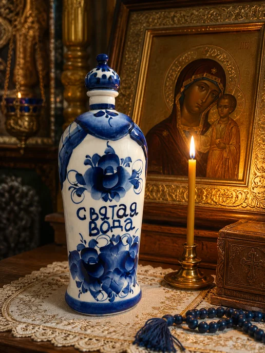 Империя Гжели Штоф для святой воды фарфор Гжель худ. Зотова В.В, голубой, фото 3