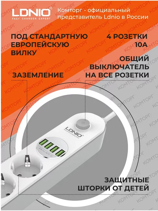 LDNIO Удлинитель сетевой фильтр 2 метра с USB зарядкой, 2 м, фото 2