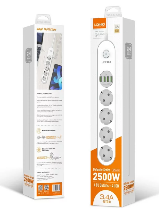 LDNIO Удлинитель сетевой фильтр 2 метра с USB зарядкой, 2 м, фото 6