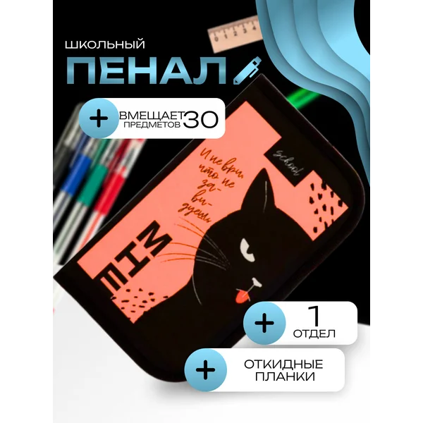 Пенал 1 секция, 2 откидные планки, Content «Кот»