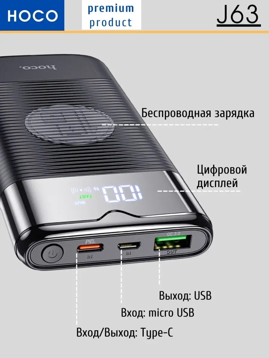 Внешний аккумулятор c беспроводной зарядкой HOCO J63 PD+QC3.0  10000mAh/быстрая зарядка/power bank/ Hoco 51948673 купить в  интернет-магазине Wildberries