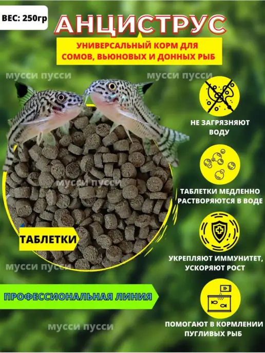 мусси пусси Корм для аквариумных рыбок сомов донных и вьюновых рыб 250 г, 250 г