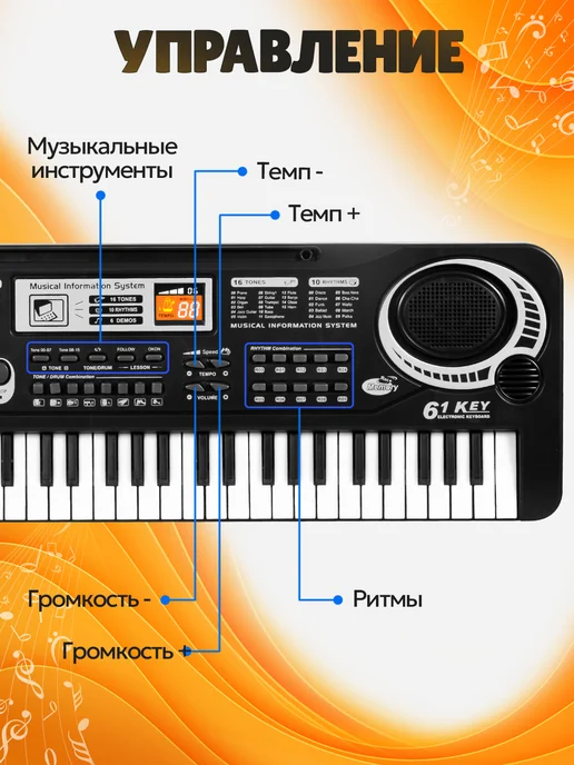 Vulpes Синтезатор с микрофоном от сети, 61кл, черный, фото 4