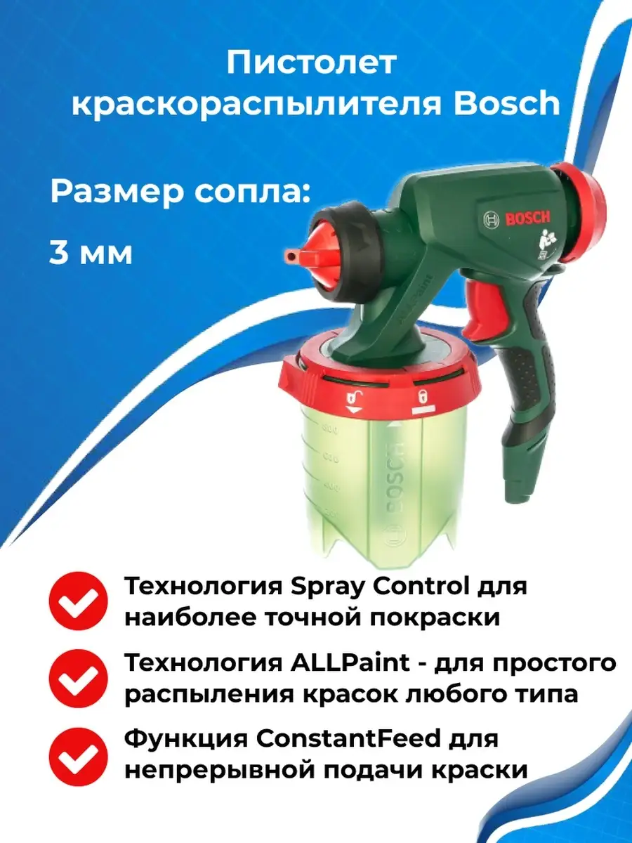 Пистолет краскораспылителя Bosch, размер сопла - 3 мм, арт. 1600A008W8  Bosch 52305971 купить в интернет-магазине Wildberries