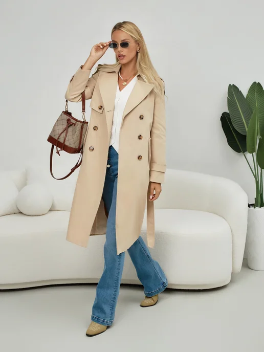 Vio Design Тренч плащ длинный с поясом, белый, фото 3