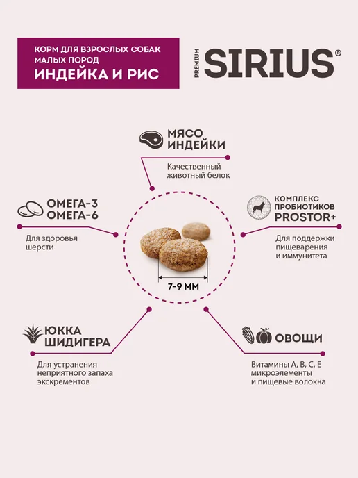 Сухой корм SIRIUS для собак, мелкие, индейка, 2 кг, фото 2
