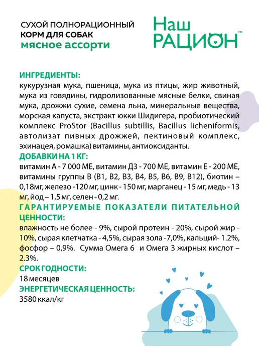 Сухой корм НАШ РАЦИОН Ассорти для собак, мясо, 2 кг, фото 3