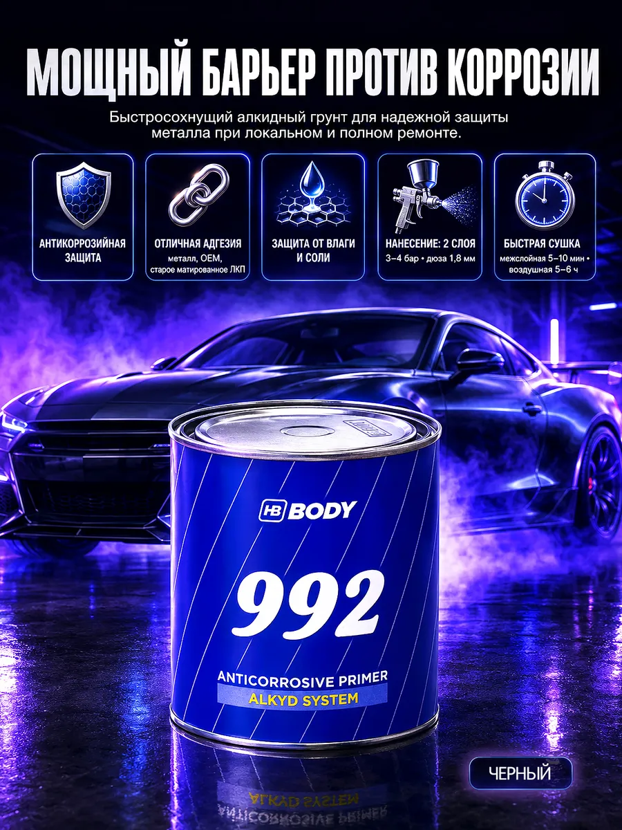 Антикоррозийный автомобильный грунт Body 992 черный 1 кг
