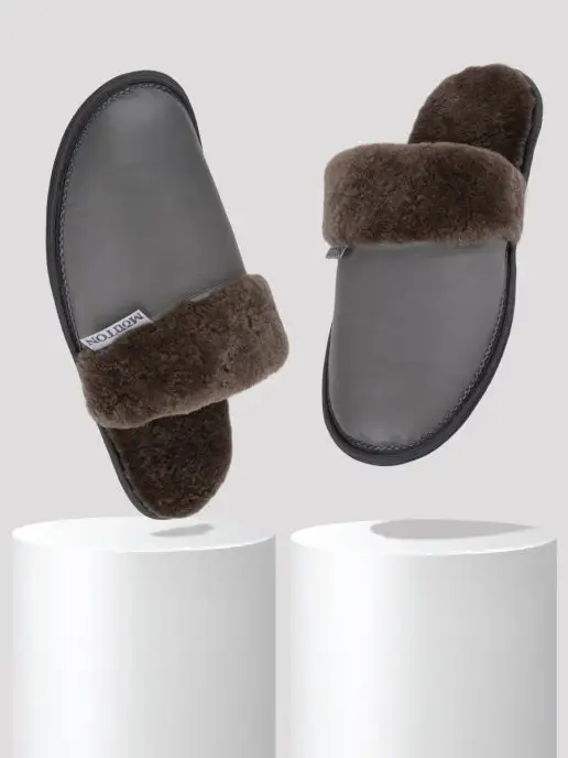 MOUTON Home Collection Тапочки домашние из натуральной кожи и меха, серый, фото 3
