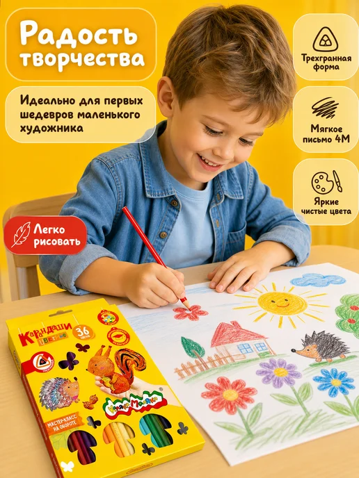КАЛЯКА-МАЛЯКА Карандаши цветные супер мягкие 24 цвета трехгранные детские, 36 цв., фото 3