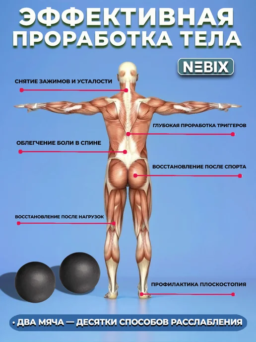 NEBIX Мяч массажный МФР для спины и стоп твердый резиновый 6 см, 2 шт, фото 6