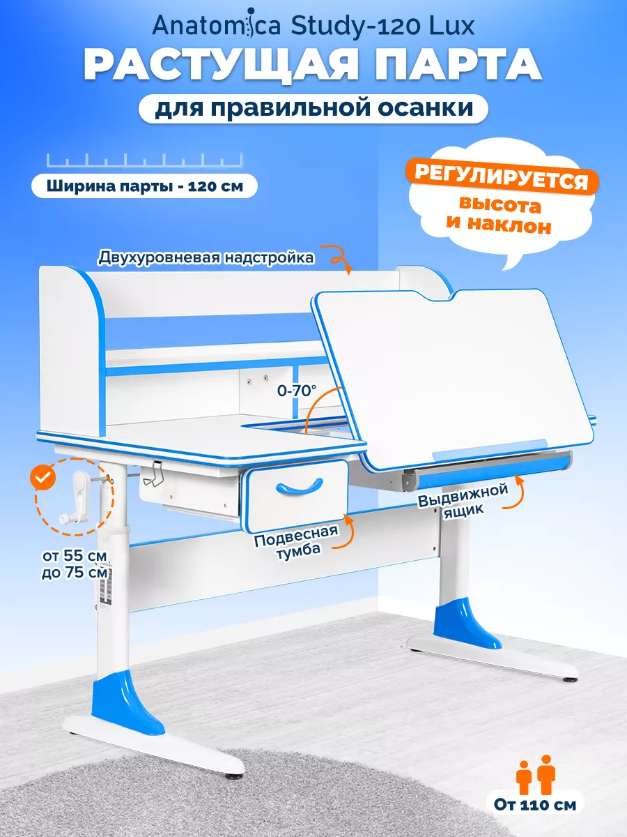 Study 120-Lux Стол письменный, парта растущая для школьника Anatomica  54617154 купить за 22 429 ₽ в интернет-магазине Wildberries