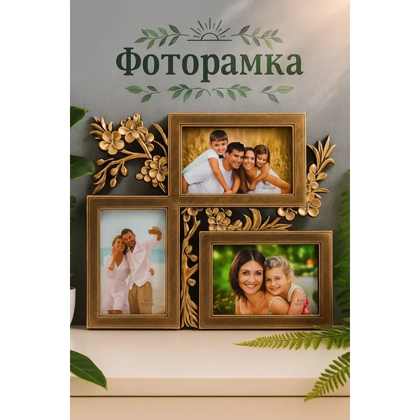 Фоторамка на 3 фото 10х15 золотая
