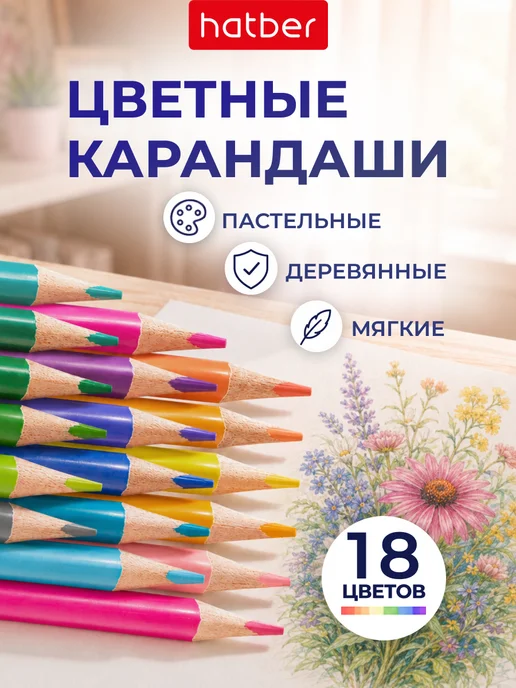 Hatber Карандаши цветные для рисования мягкие 18 штук пастельные, синий