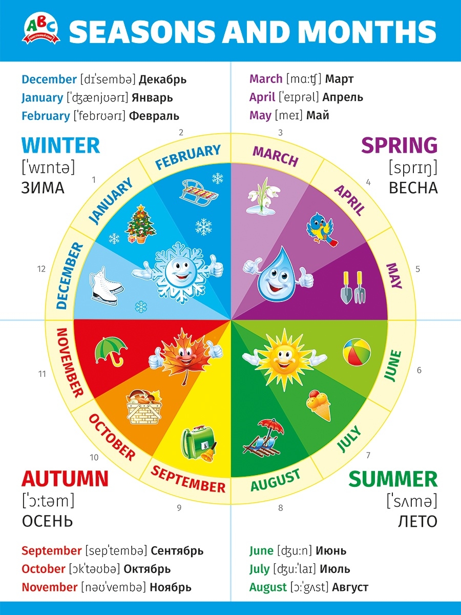 Времена года и месяцы в картинках для детей на английском