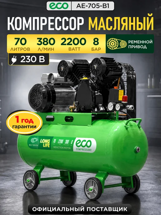Eco Компрессор воздушный ременной 70 литров для гаража, зеленый