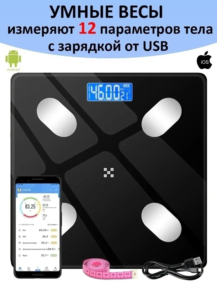 Wunder Pro Весы напольные электронные точные умные стеклянные до 180 кг