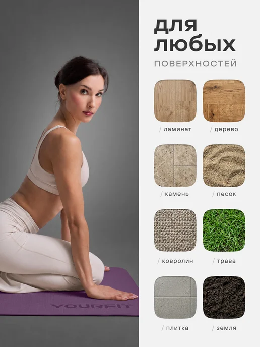 YourFit Спортивный коврик для йоги и фитнеса нескользящий, фиолетовый, фото 5