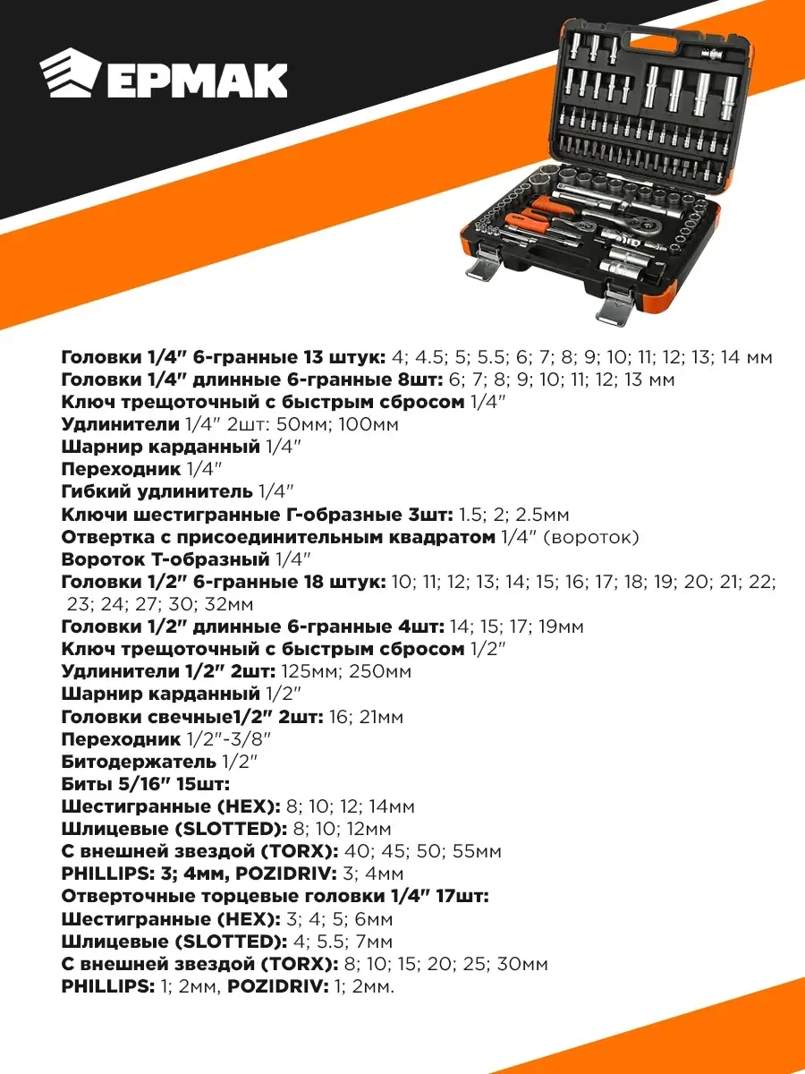 Набор инструментов для автомобиля 94 предмета Ермак 55640043 купить за 3  066 ₽ в интернет-магазине Wildberries