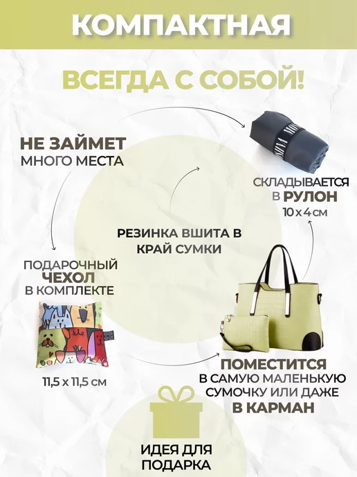 MOSHNA Сумка хозяйственная складная, шоппер для продуктов с принтом, вариант, фото 7