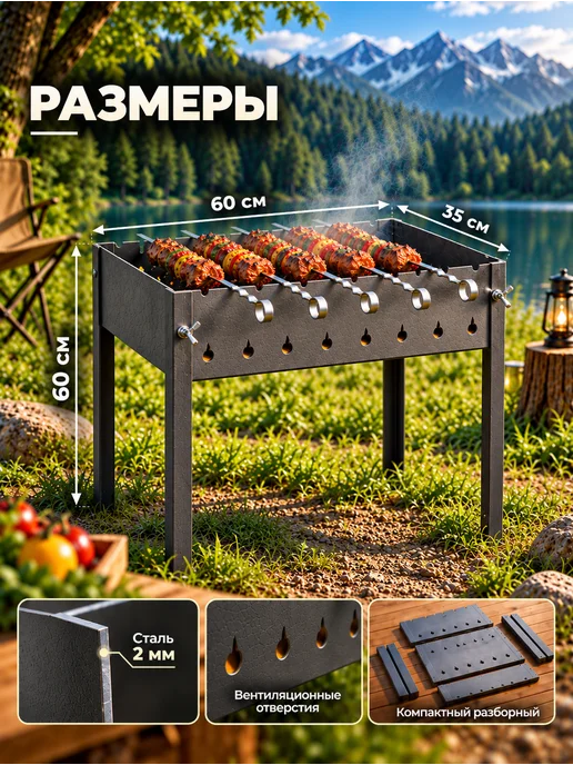 TOP picnic Мангал железный большой 60х60х35см, серый, фото 2