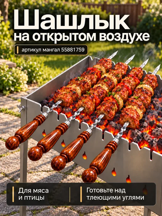 TOP picnic Шампура с деревянной ручкой, 60см, набор 12 шт, 12 шт, фото 6