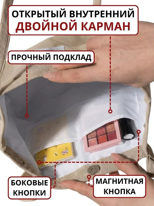 A&Home Сумка шоппер вельветовая через плечо тканевая на кнопке, бежевый, фото 4