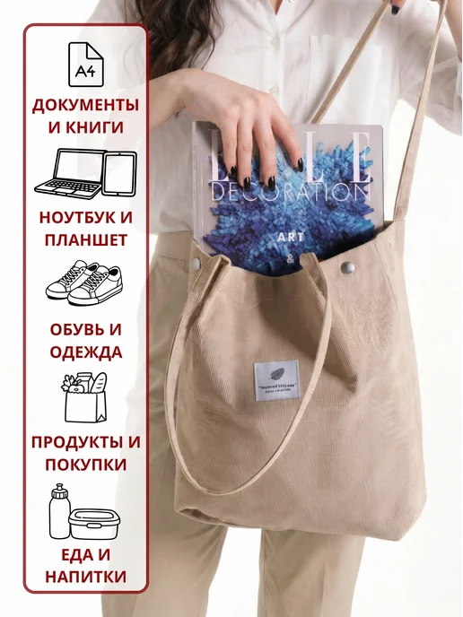A&Home Сумка шоппер вельветовая через плечо тканевая на кнопке, бежевый, фото 5