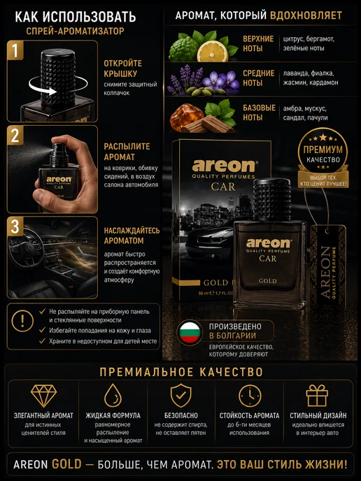 areon Парфюм для автомобиля Gold 50 мл спрей, 50 мл, фото 2