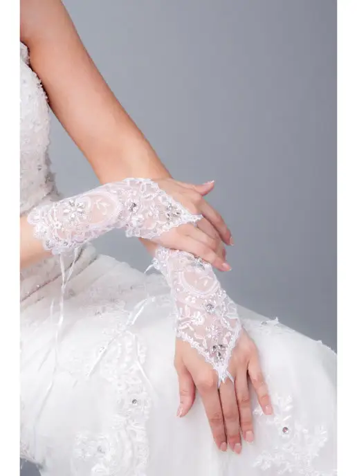Romantic Wedding Свадебные перчатки митенки без пальчиков стразы, кружевные, белый, фото 2