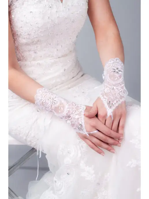 Romantic Wedding Свадебные перчатки митенки без пальчиков стразы, кружевные, белый, фото 4