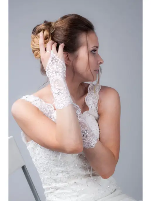 Romantic Wedding Свадебные перчатки митенки без пальчиков стразы, кружевные, белый, фото 5