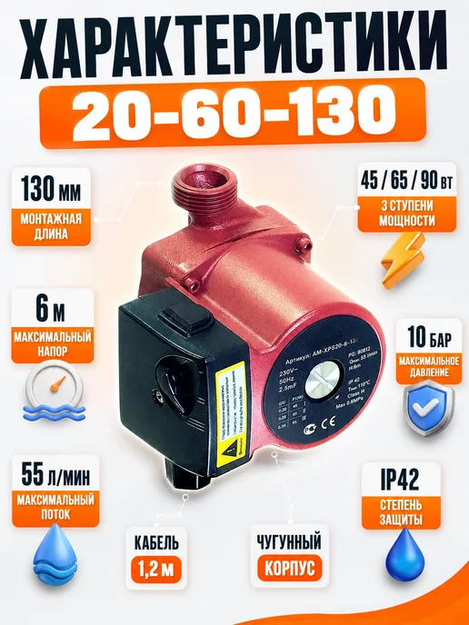 AQUATIM Циркуляционный насос 20-60-130 мм AM-XPS20-6-130, вариант, фото 2