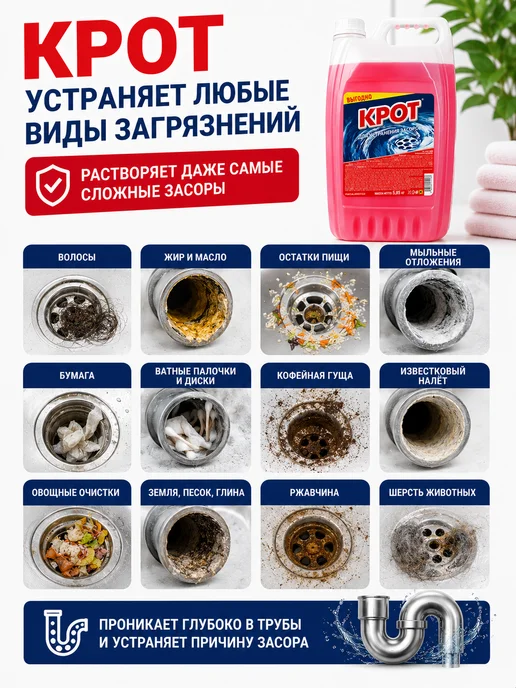 КРОТ Средство для прочистки от засоров труб, антизасор, волосогон, 5 л, фото 4