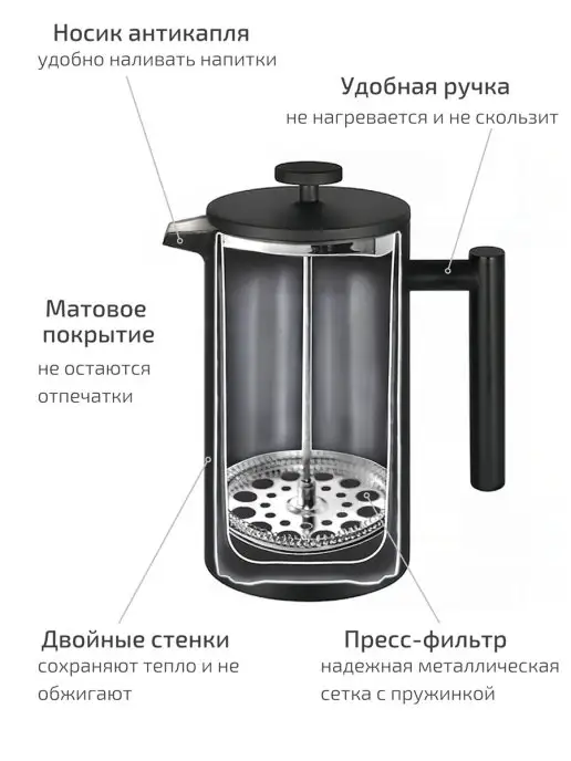 Priority Home Металлический Френч-пресс чайник заварочный кофейник 1000 мл, 1 л, фото 3