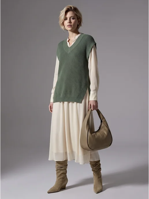 Eliamore Жилет вязаный удлиненный больших размеров шерстяной, зеленый, фото 8