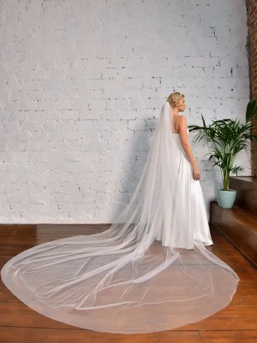 Romantic Wedding Длинная пышная свадебная фата невесты на гребне простая, белый, фото 2