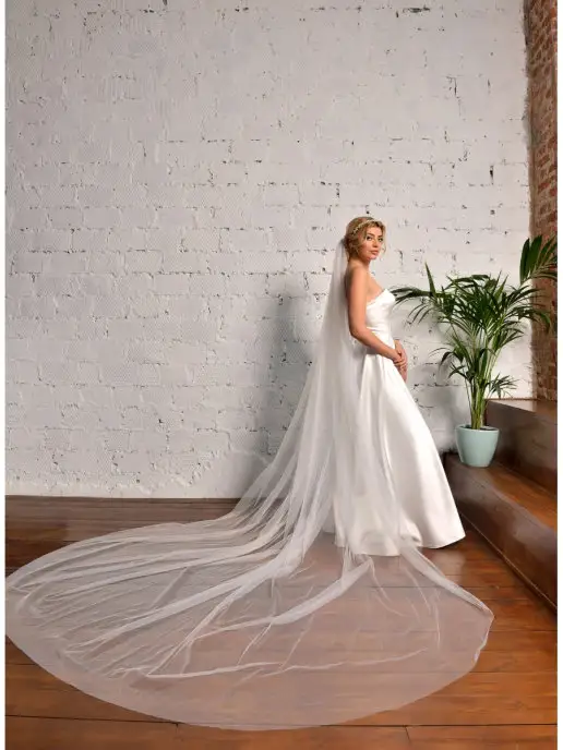 Romantic Wedding Длинная пышная свадебная фата невесты на гребне простая, белый, фото 4