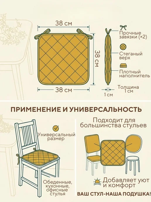 23 Линия Комплект подушек на стул с завязками, желтый, фото 7
