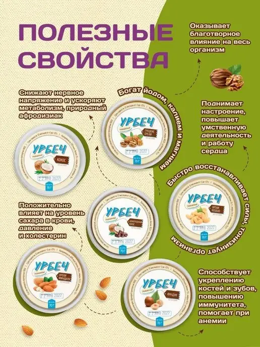 Намажь Орех Набор ореховых урбечей без сахара 6 шт по 70 г, 6 шт, 70 г, фото 4