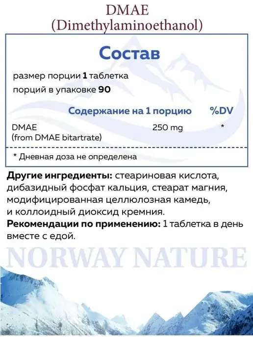 Norway Nature DMAE 250 mg ДМАЕ 250 мг, 90 таблеток, вариант, фото 2