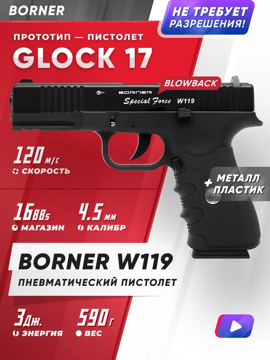 Пневматический пистолет BORNER W119 (Glock 17), 4,5 мм Borner Air Pistols  60401489 купить за 13 149 ₽ в интернет-магазине Wildberries