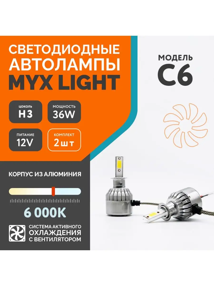 Автомобильная светодиодная led лампа C6 с цоколем H3 MYX 60903202 купить за  473 ₽ в интернет-магазине Wildberries