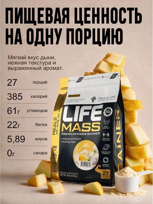 Life Protein Гейнер для быстрого набора массы, Дыня 1кг, 2,7 кг, фото 3