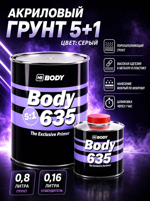 HB BODY Грунт-наполнитель акриловый Body 635 серый 0,8 + 0,16 л, 160 мл