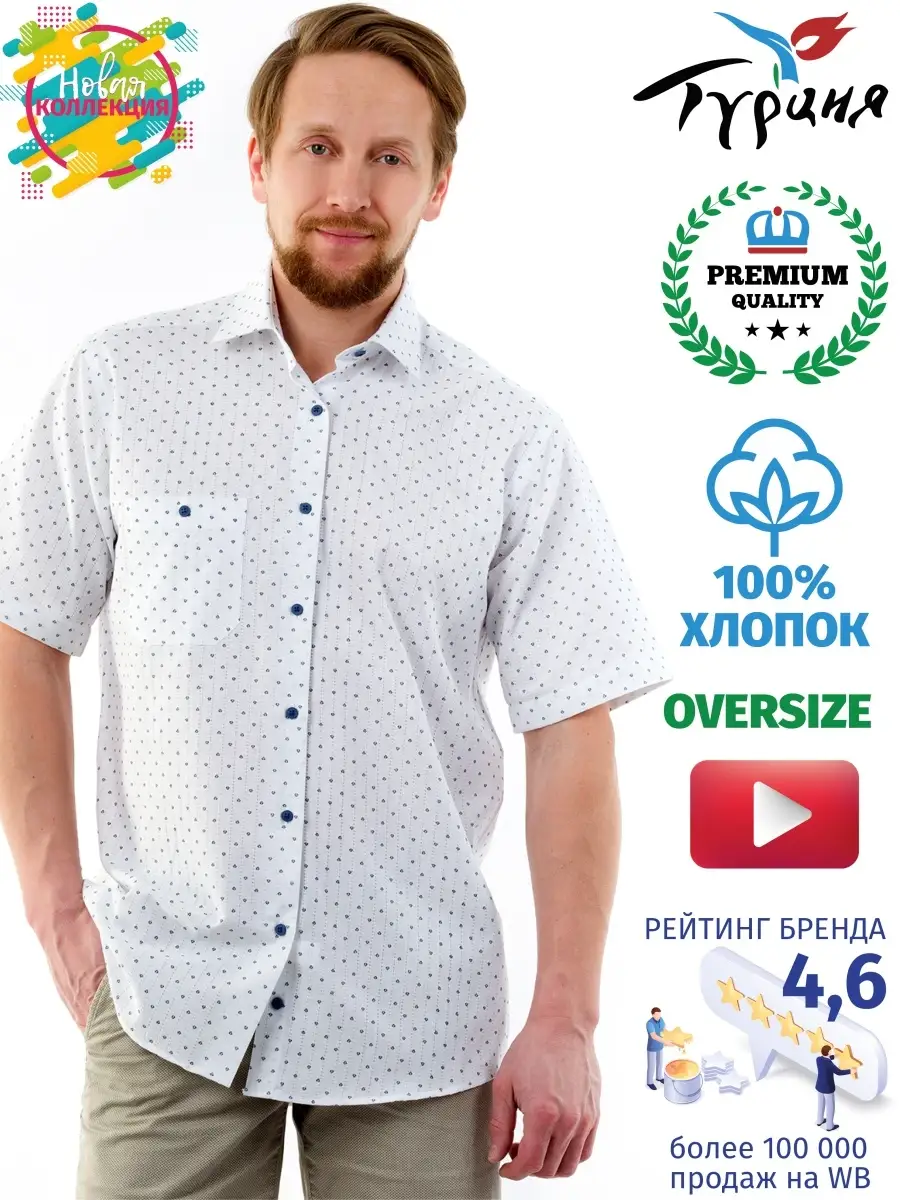 Мужская рубашка с коротким рукавом / 100% хлопок / Турция / прямой крой /  oversize/ Premium качество NINO PACOLI 61759117 купить в интернет-магазине  Wildberries