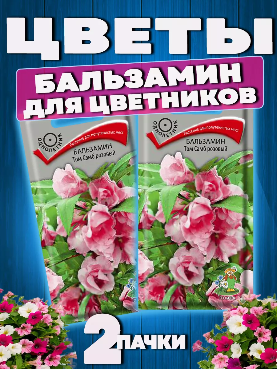 Семена цветов Бальзамин Том Самб розовый обильно цветущий ПОИСК 61852871  купить за 175 ₽ в интернет-магазине Wildberries