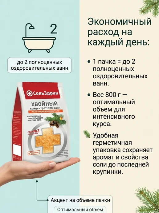 СольЗдрав Соль хвойный концентрат для ванн "АКТИВАЦИЯ ИММУНИТЕТА", 800 г, фото 4