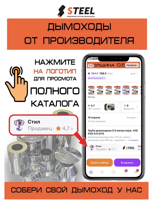 стил Лист проходной 450*450 d=120 нержавейка, 450x450, фото 3